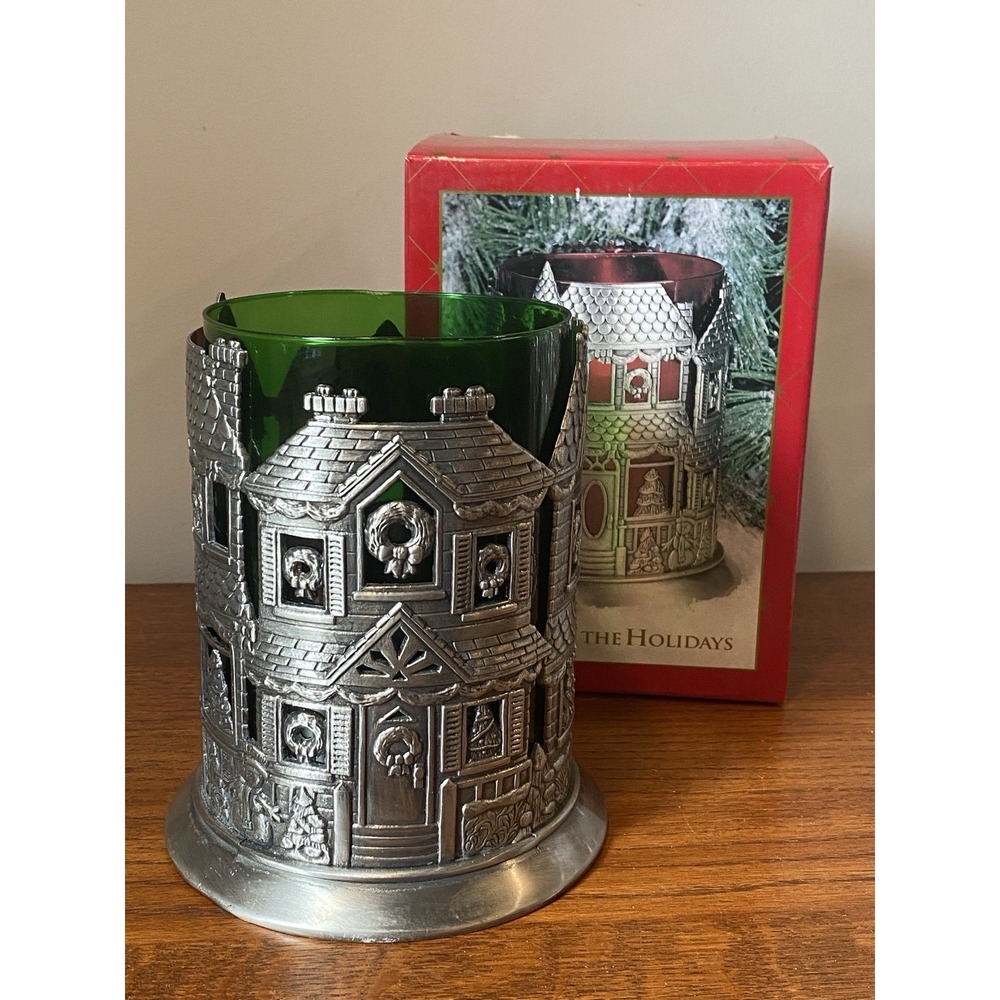 1997 Home for the Holidays Pillar Candle Holder 6.5"x6" Pewter & Green Glass Box